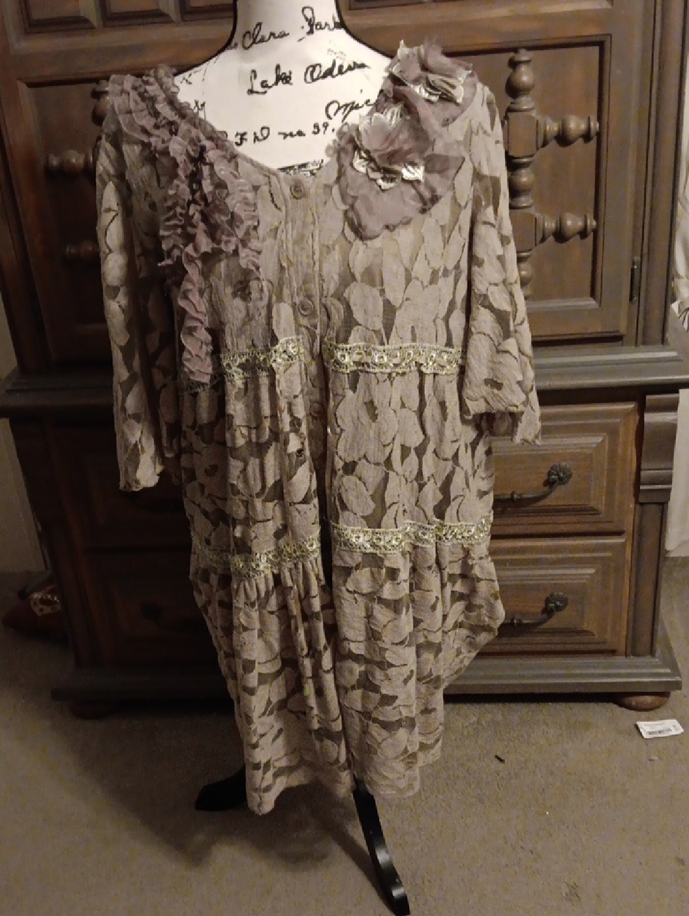 Lace Overlay Taupe Floral Accent Women's Dress